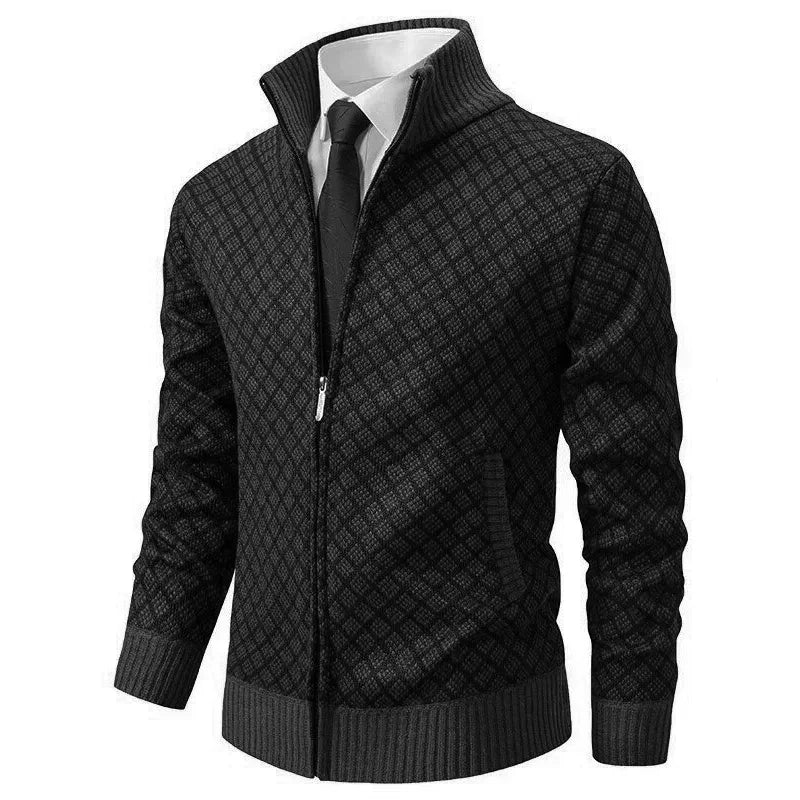 Men's zip-up knit jacket with geometric pattern and ribbed cuffs