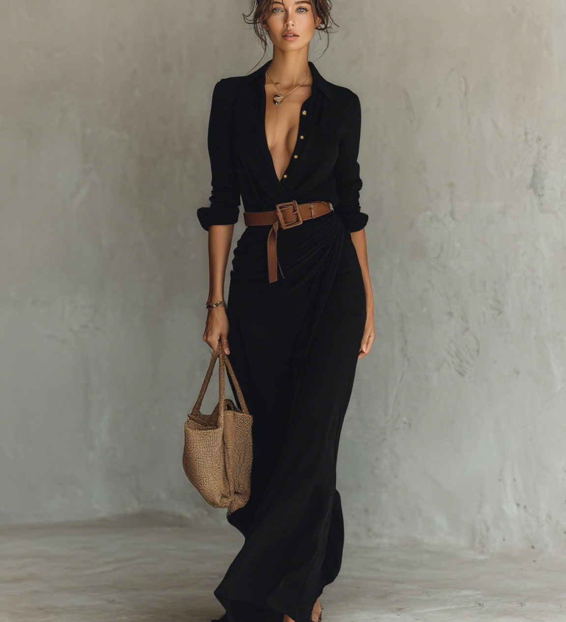 Matilda – Long Maxi Dress with Lapel Collar and Belt