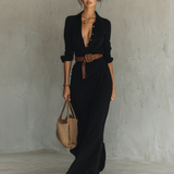 Matilda – Long Maxi Dress with Lapel Collar and Belt