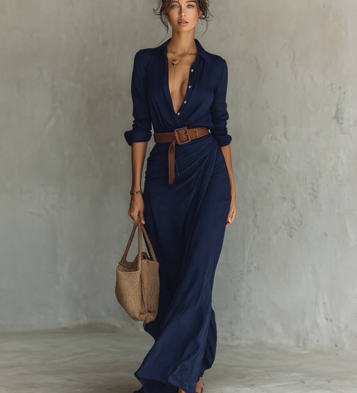 Matilda – Long Maxi Dress with Lapel Collar and Belt