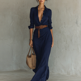 Matilda – Long Maxi Dress with Lapel Collar and Belt