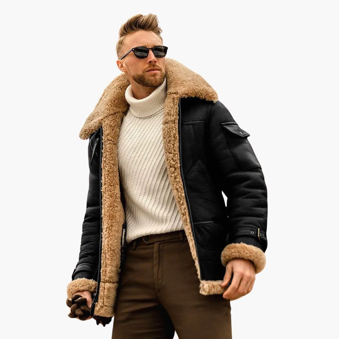 Men's Aviator Jacket with Synthetic Sheepskin Collar