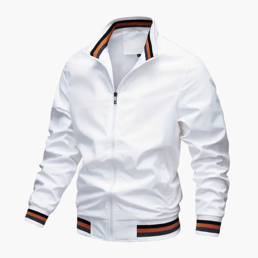 Men's Bomber Jacket with Striped Collar and Ribbed Hem