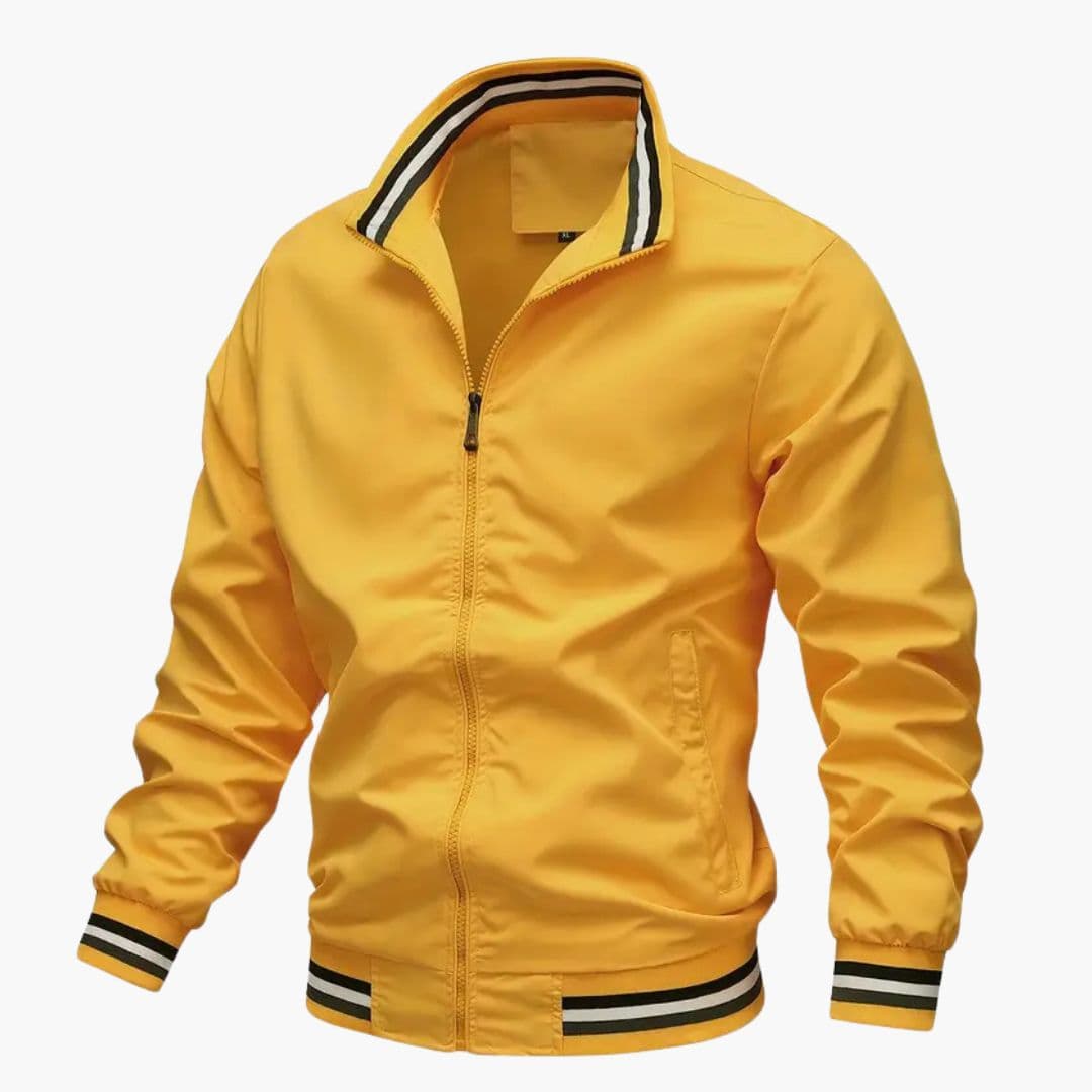 Men's Bomber Jacket with Striped Collar and Ribbed Hem