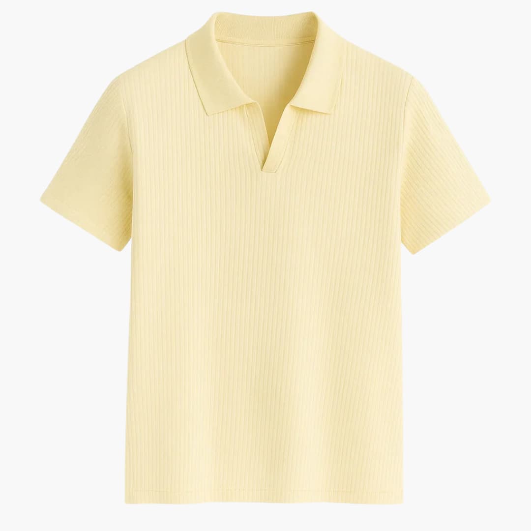 Ribbed knit polo sweater for men with open collar