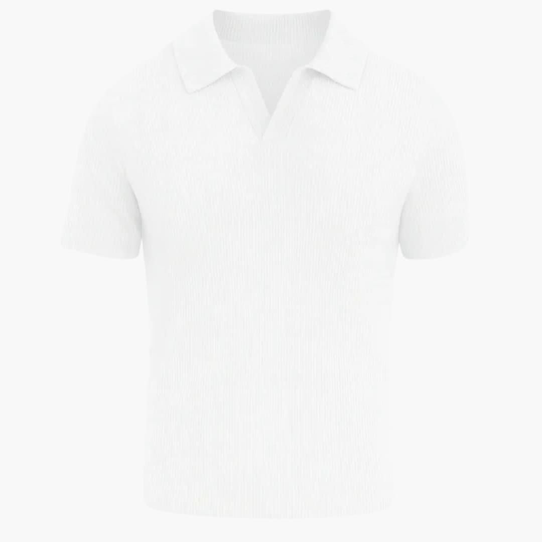 Ribbed knit polo sweater for men with open collar