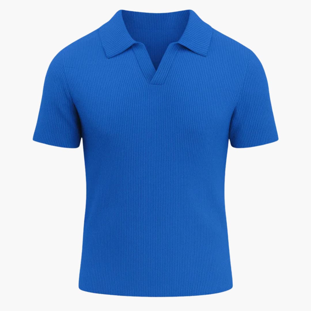 Ribbed knit polo sweater for men with open collar