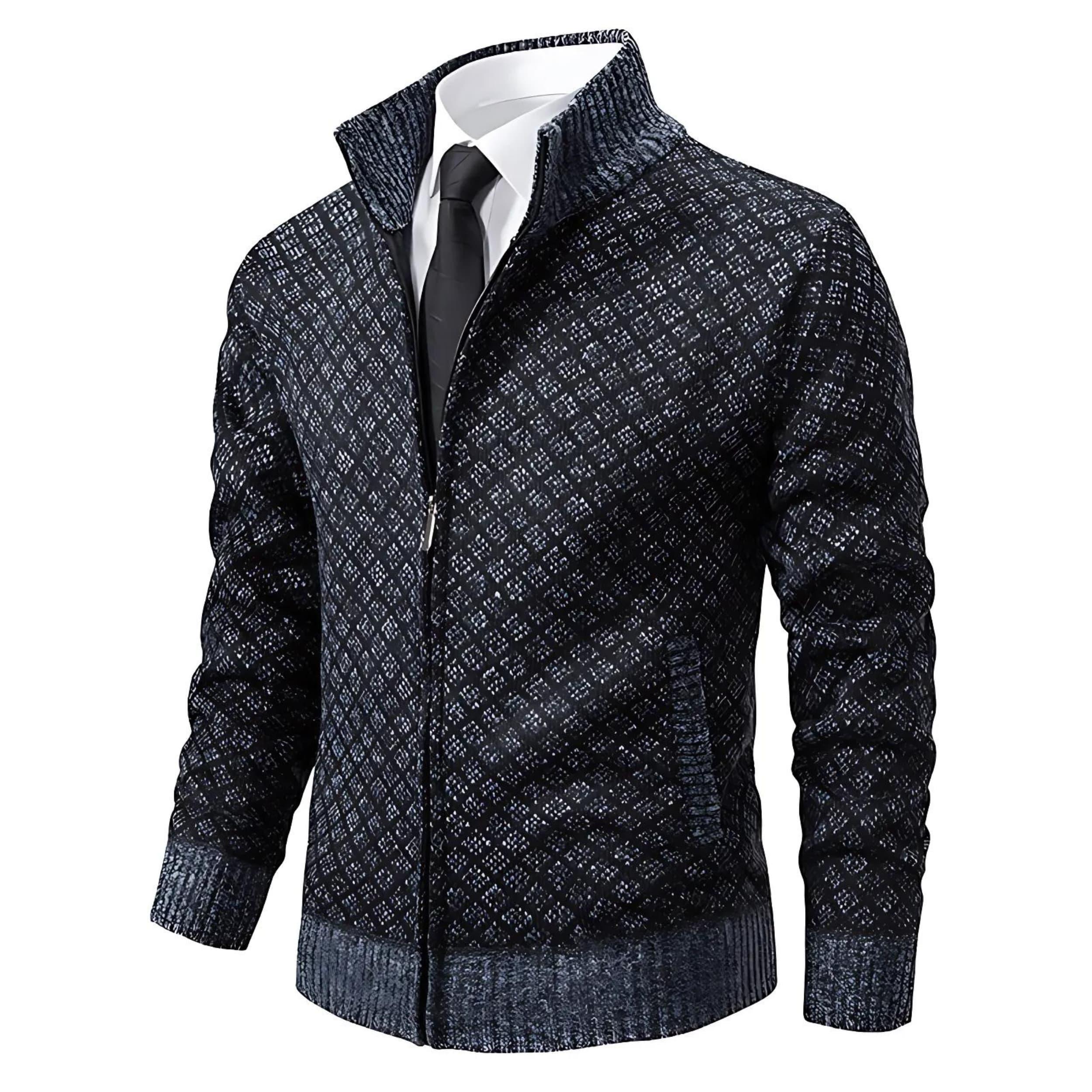 Men's zip-up knit jacket with geometric pattern and ribbed cuffs
