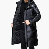 Long Men's Down Jacket with Hood and Zipper Closure
