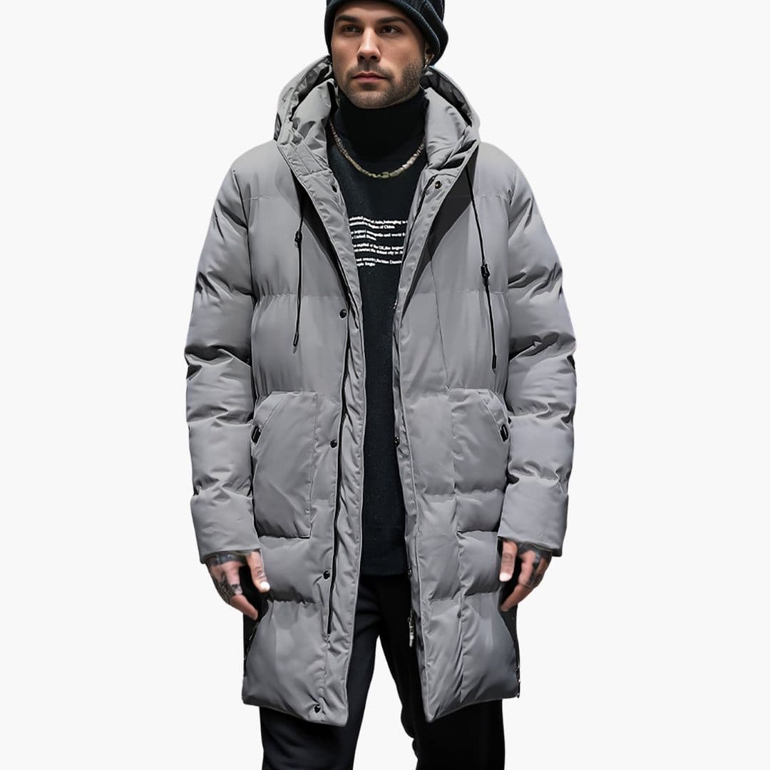 Long men's down jacket with hood