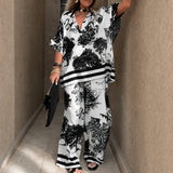 Hazel - Printed V-Neck Top & Long Pants Set