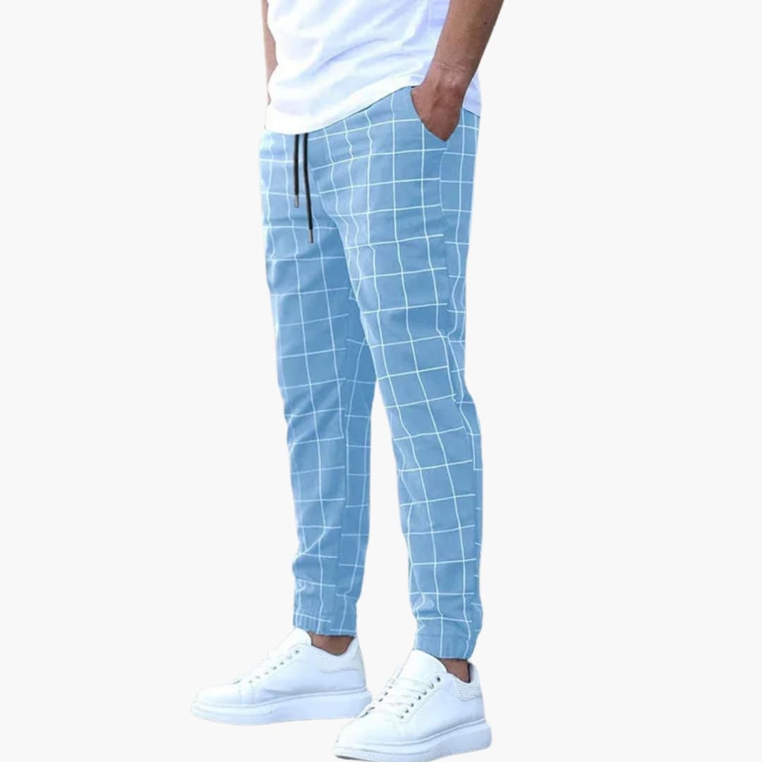 Men's checkered jogging pants with elastic waistband and side pockets