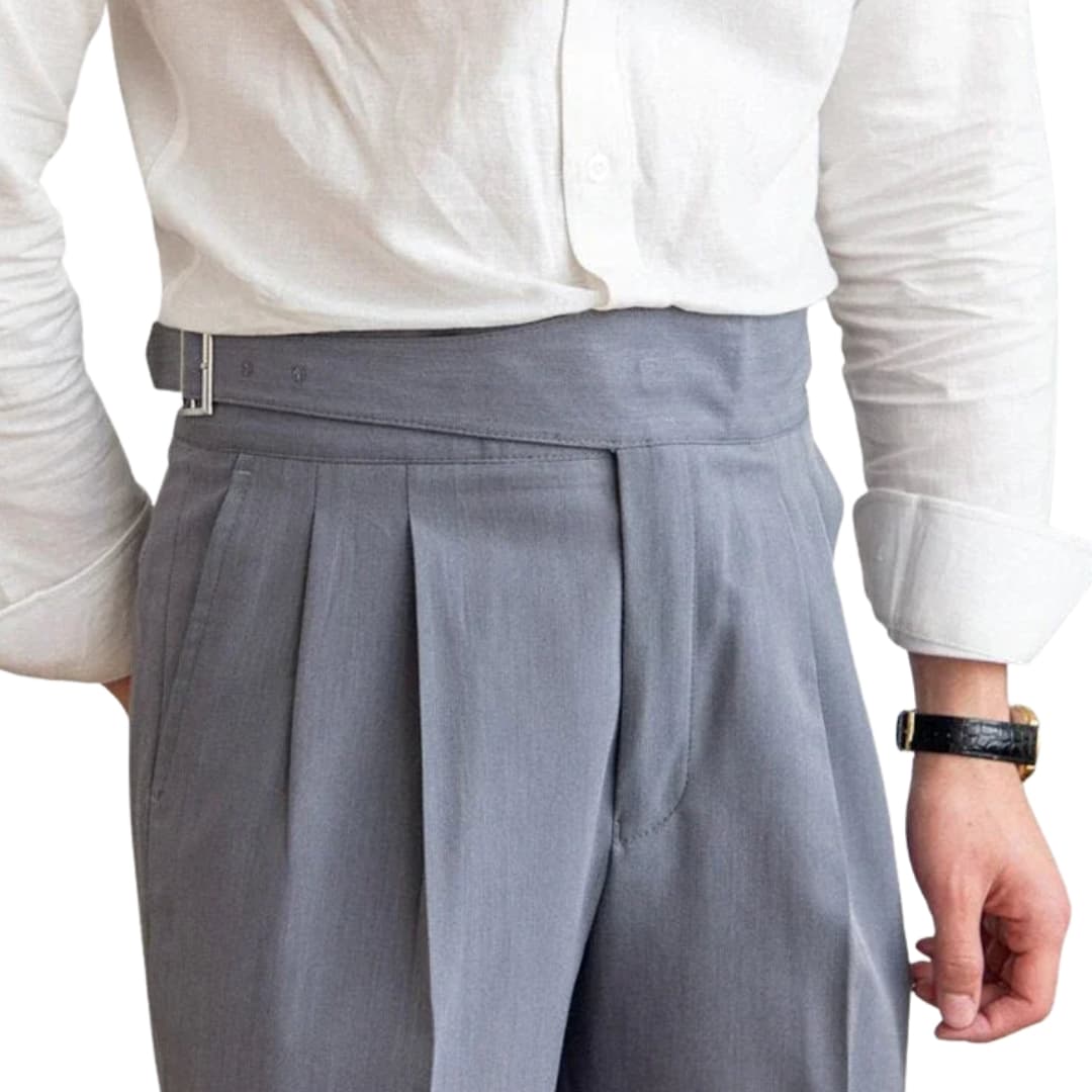 Men's high-waisted pants with adjustable buckle