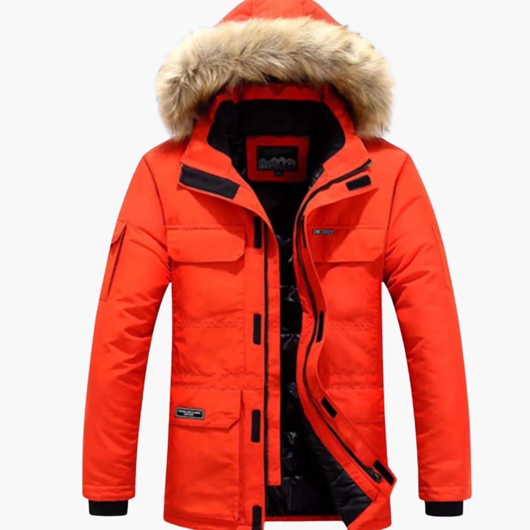 Men's parka with hood and zipper closure