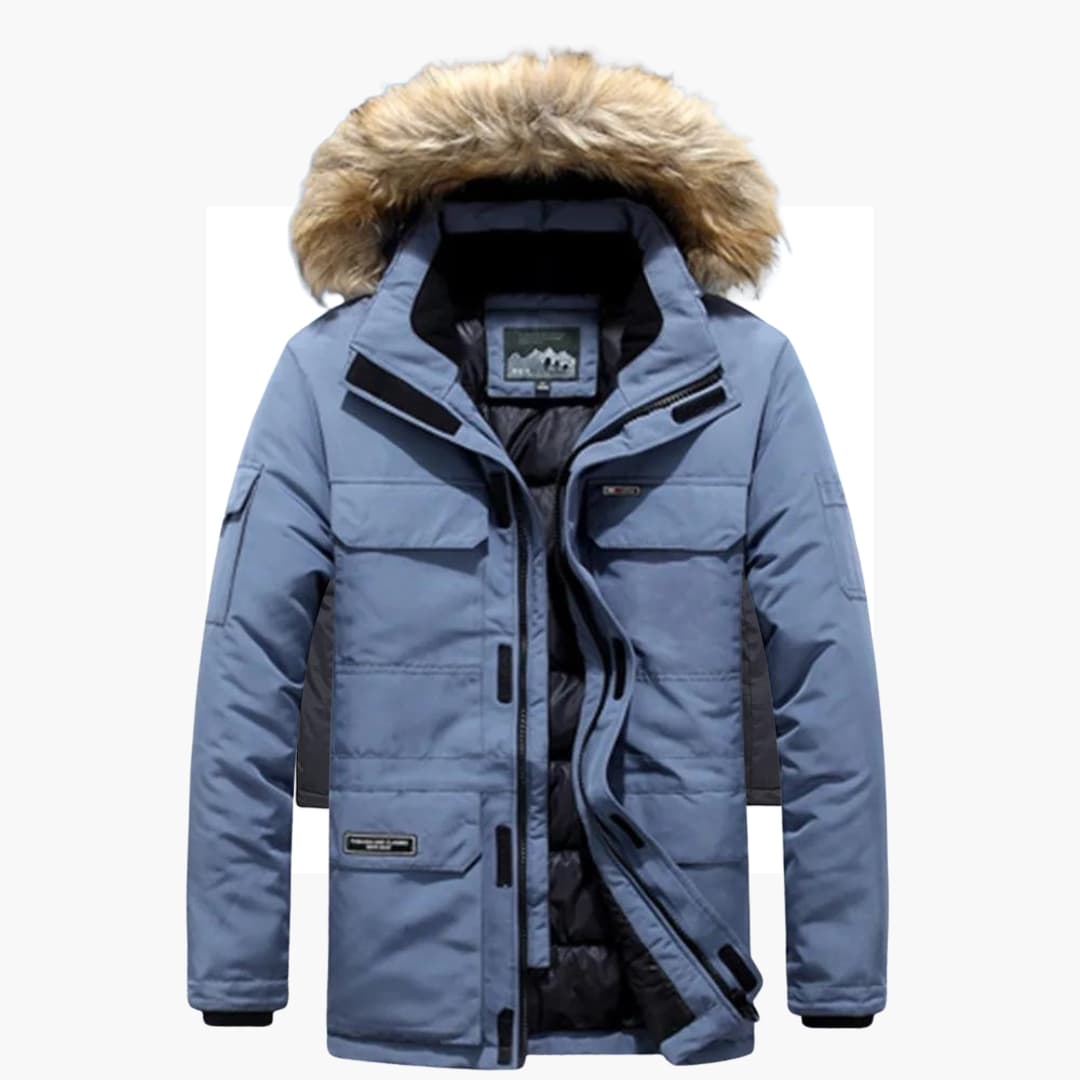 Men's parka with hood and zipper closure