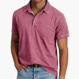 Men's short-sleeve polo with V-neck and discreet buttons