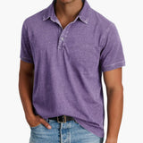 Men's short-sleeve polo with V-neck and discreet buttons