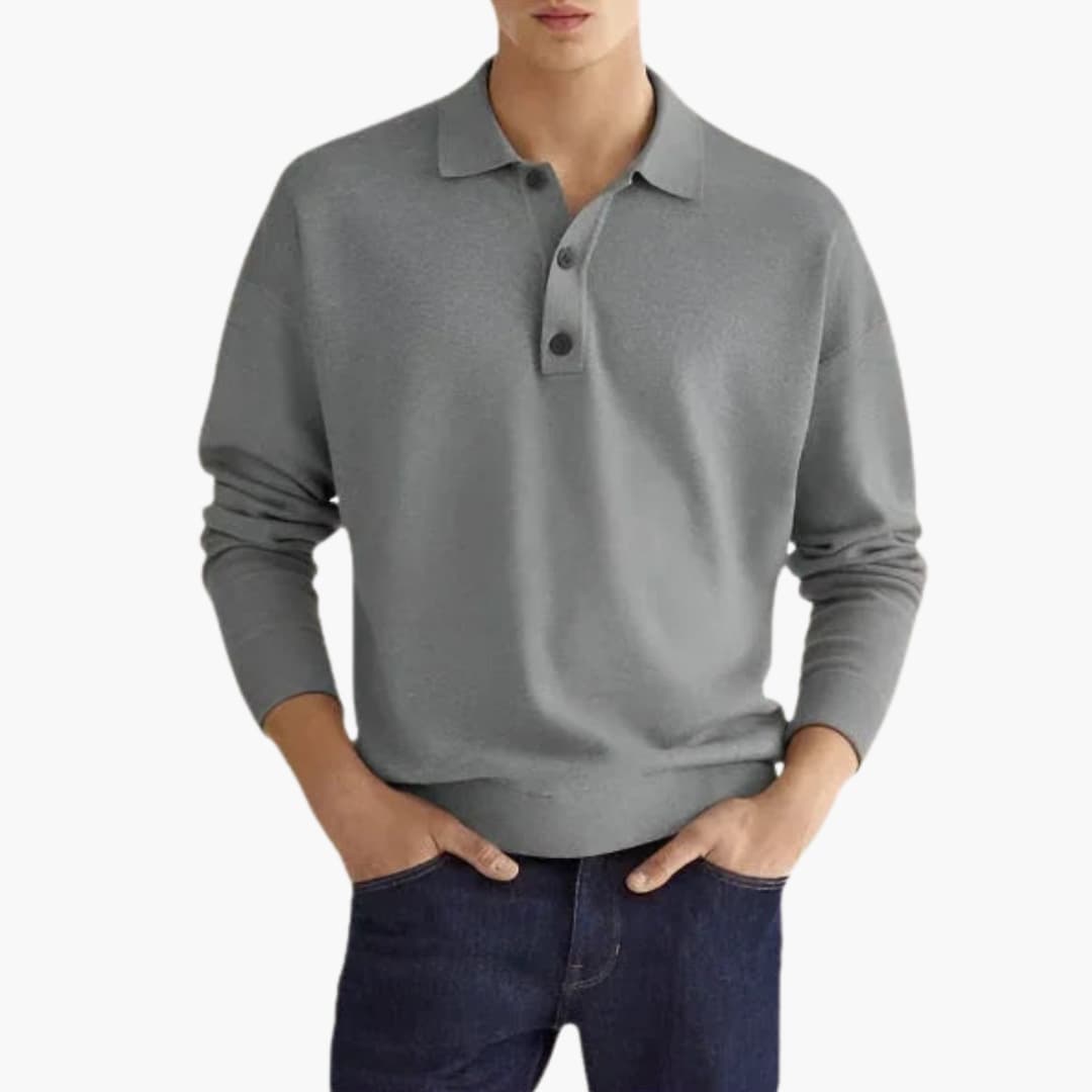 Men's long-sleeve polo with three-button collar