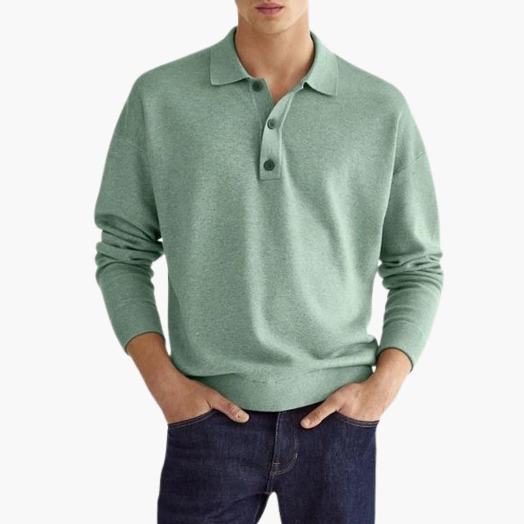 Men's long-sleeve polo with three-button collar