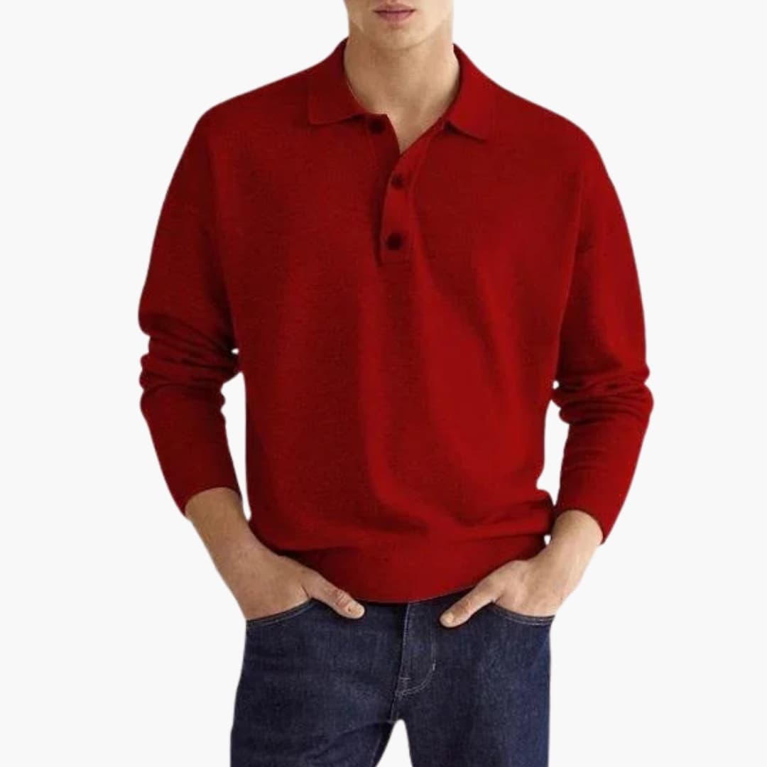 Men's long-sleeve polo with three-button collar
