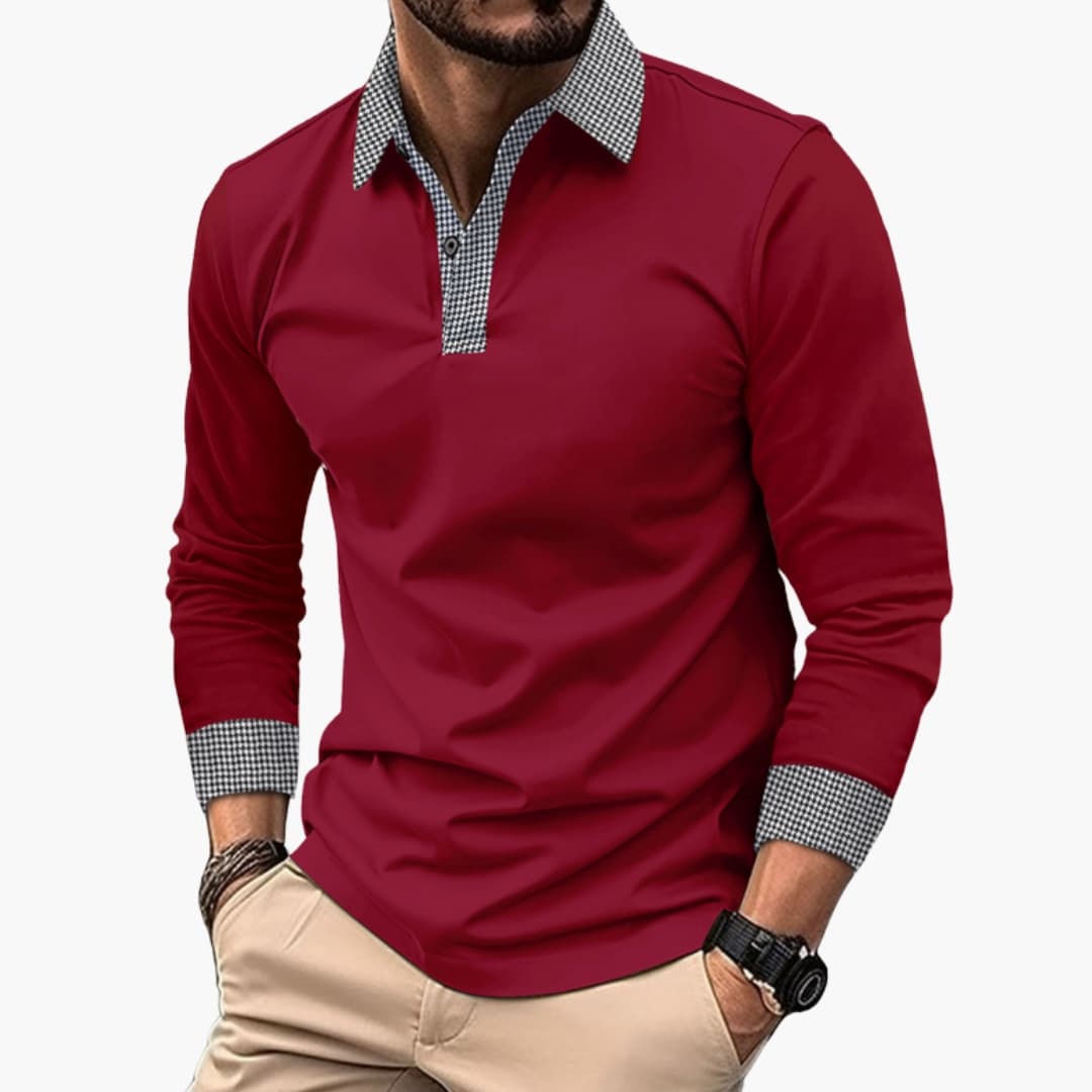Men's long-sleeve polo with contrasting collar and cuffs
