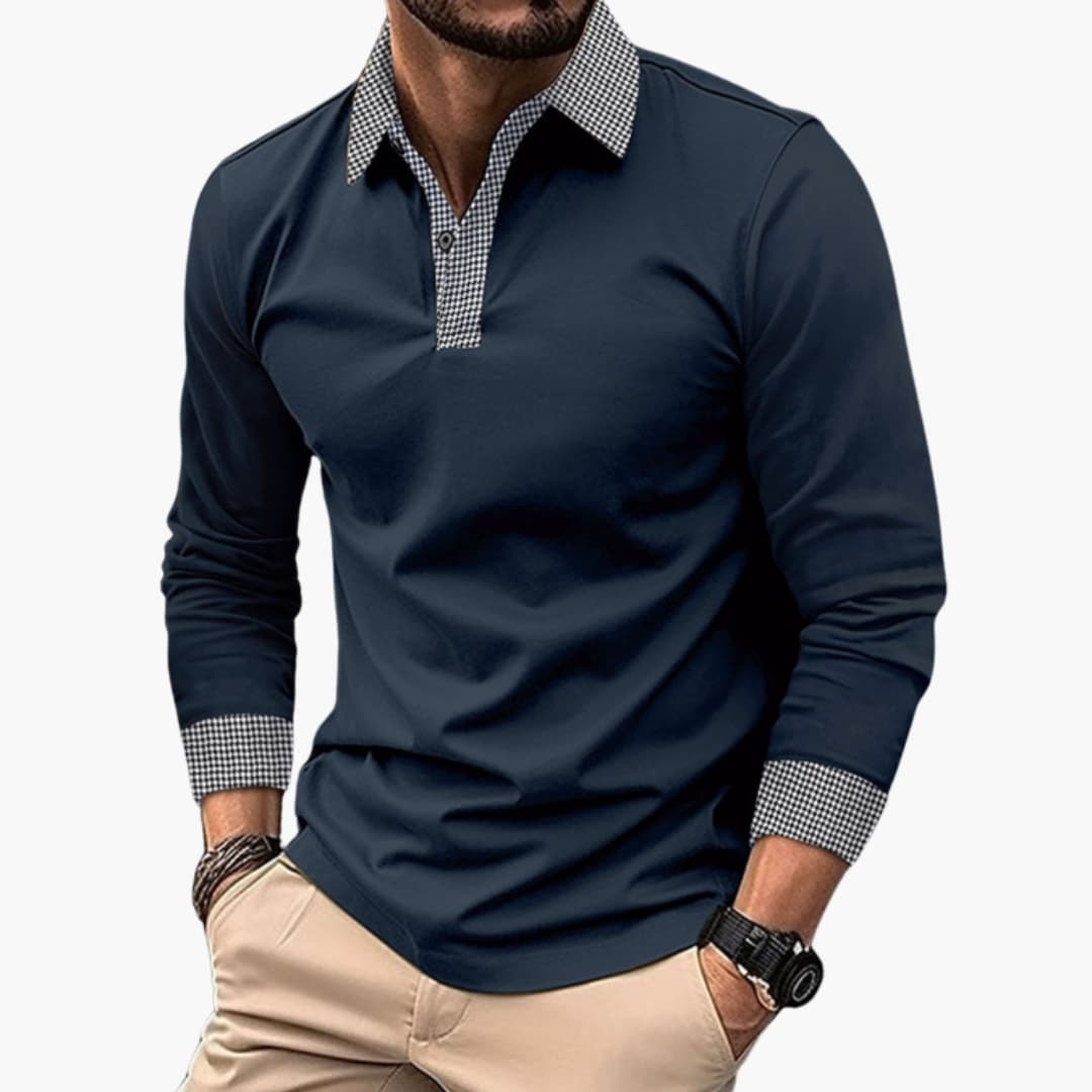 Men's long-sleeve polo with contrasting collar and cuffs