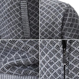 Men's zip-up knit jacket with geometric pattern and ribbed cuffs