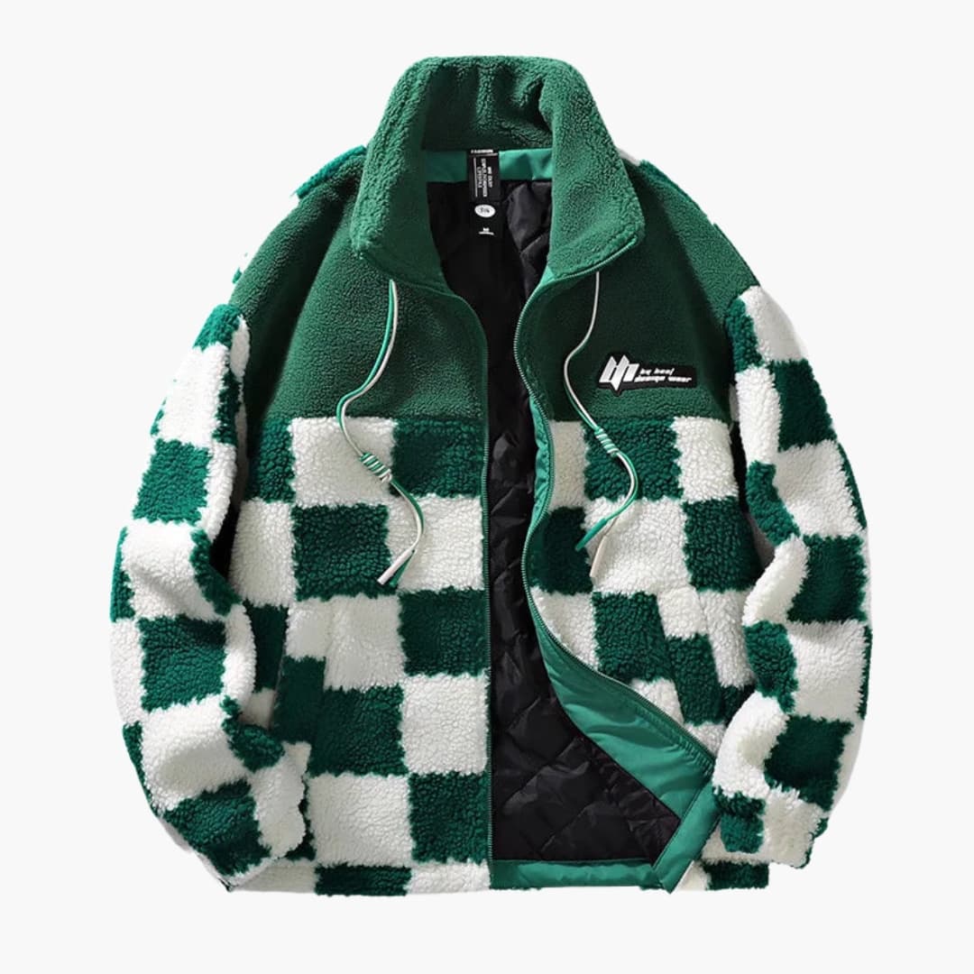 Men's Jacket with Checkerboard Pattern and Front Zipper Closure