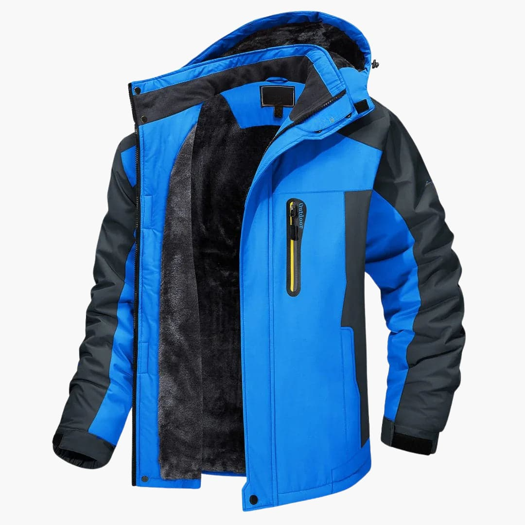 Men's outer jacket with hood and front zipper closure