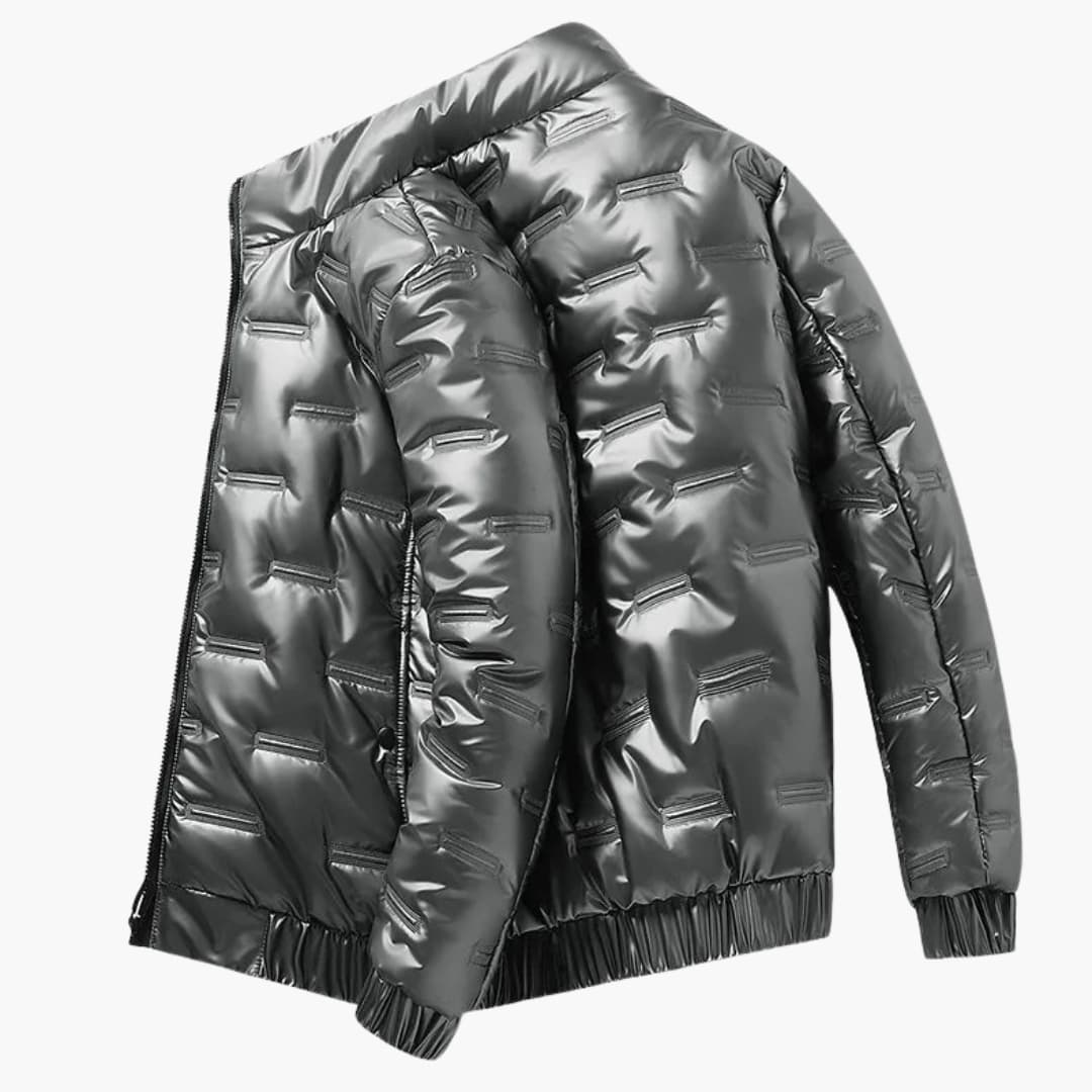 Men's ski jacket with zip closure and shiny surface
