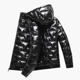 Men's ski jacket with zip closure and shiny surface