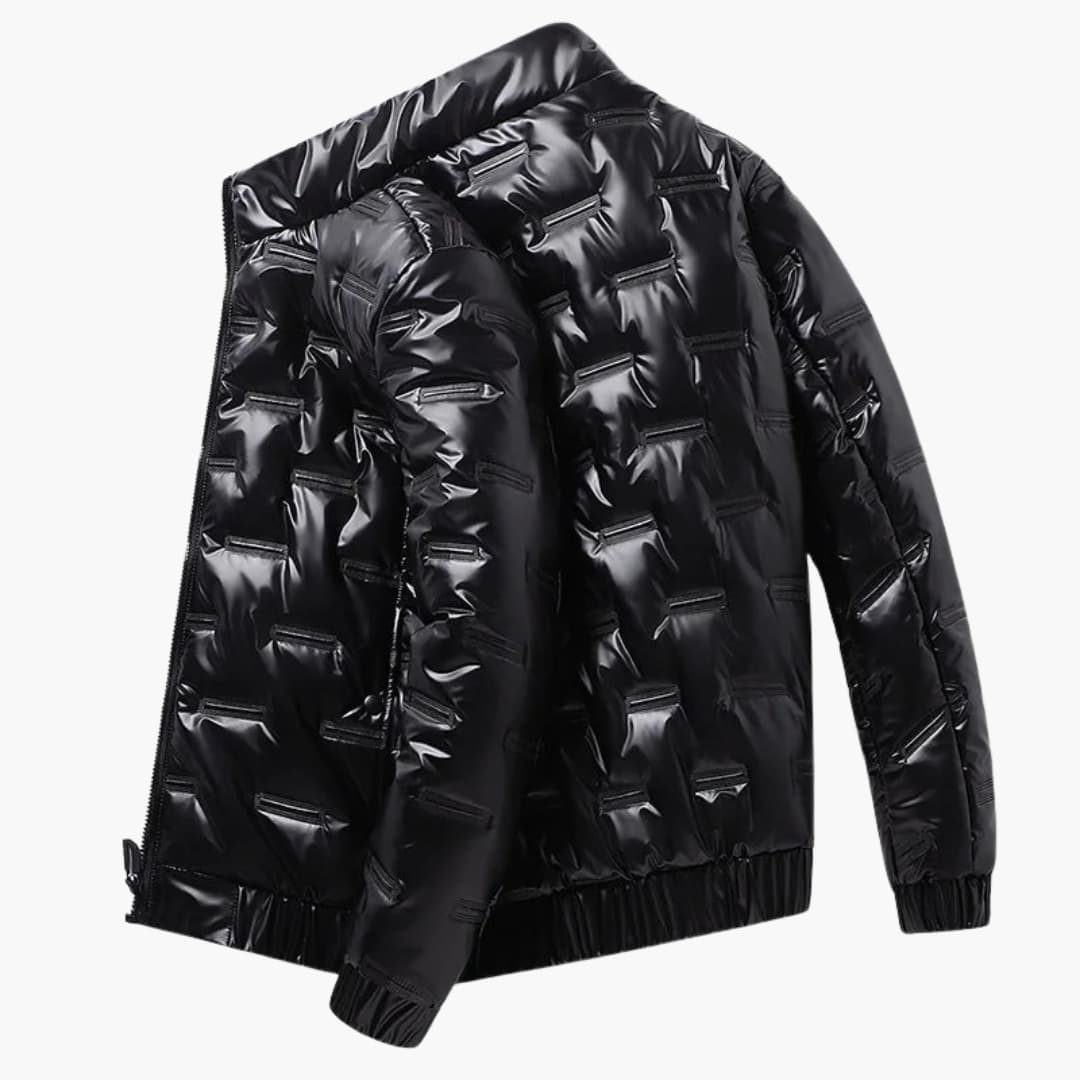 Men's ski jacket with zip closure and shiny surface