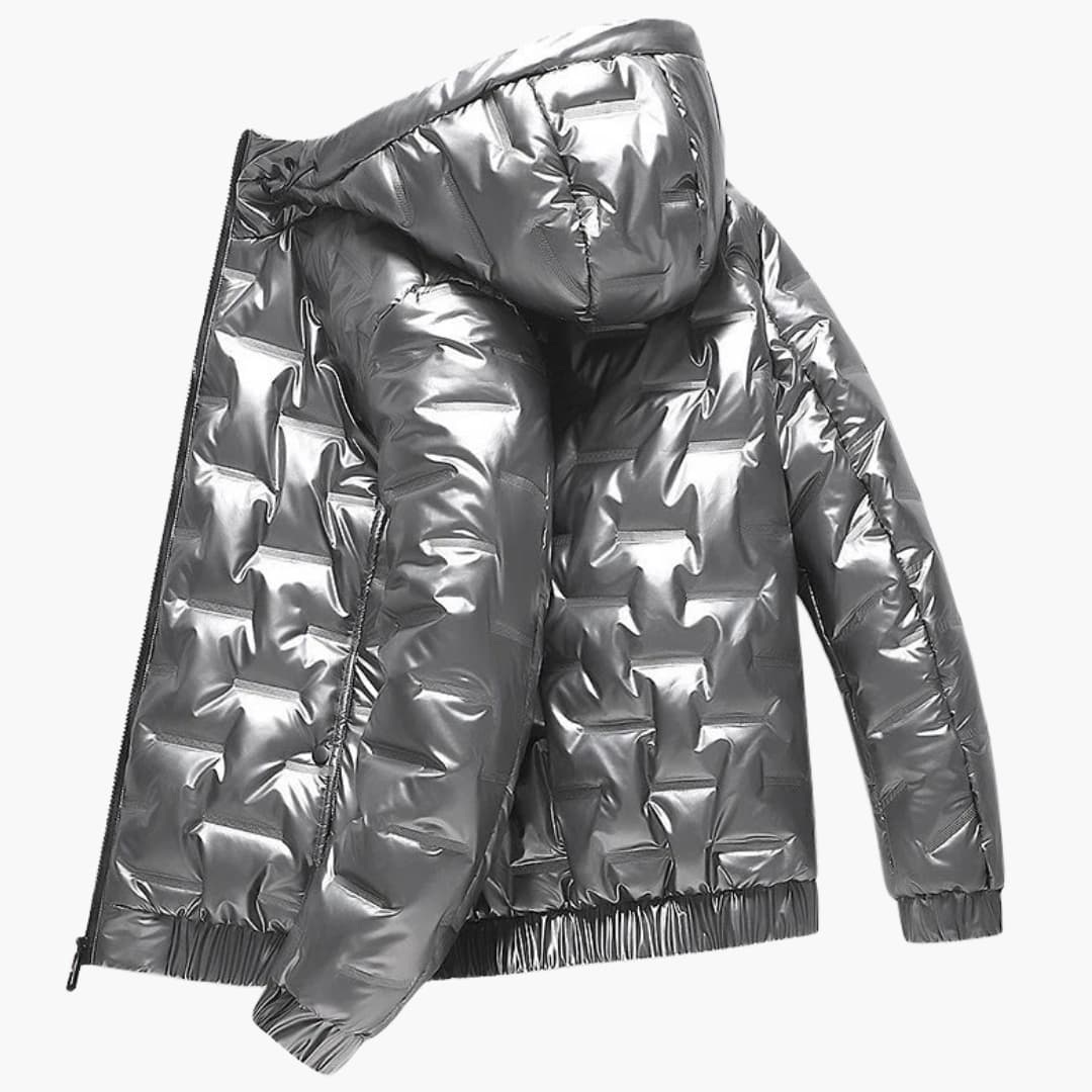 Men's ski jacket with zip closure and shiny surface