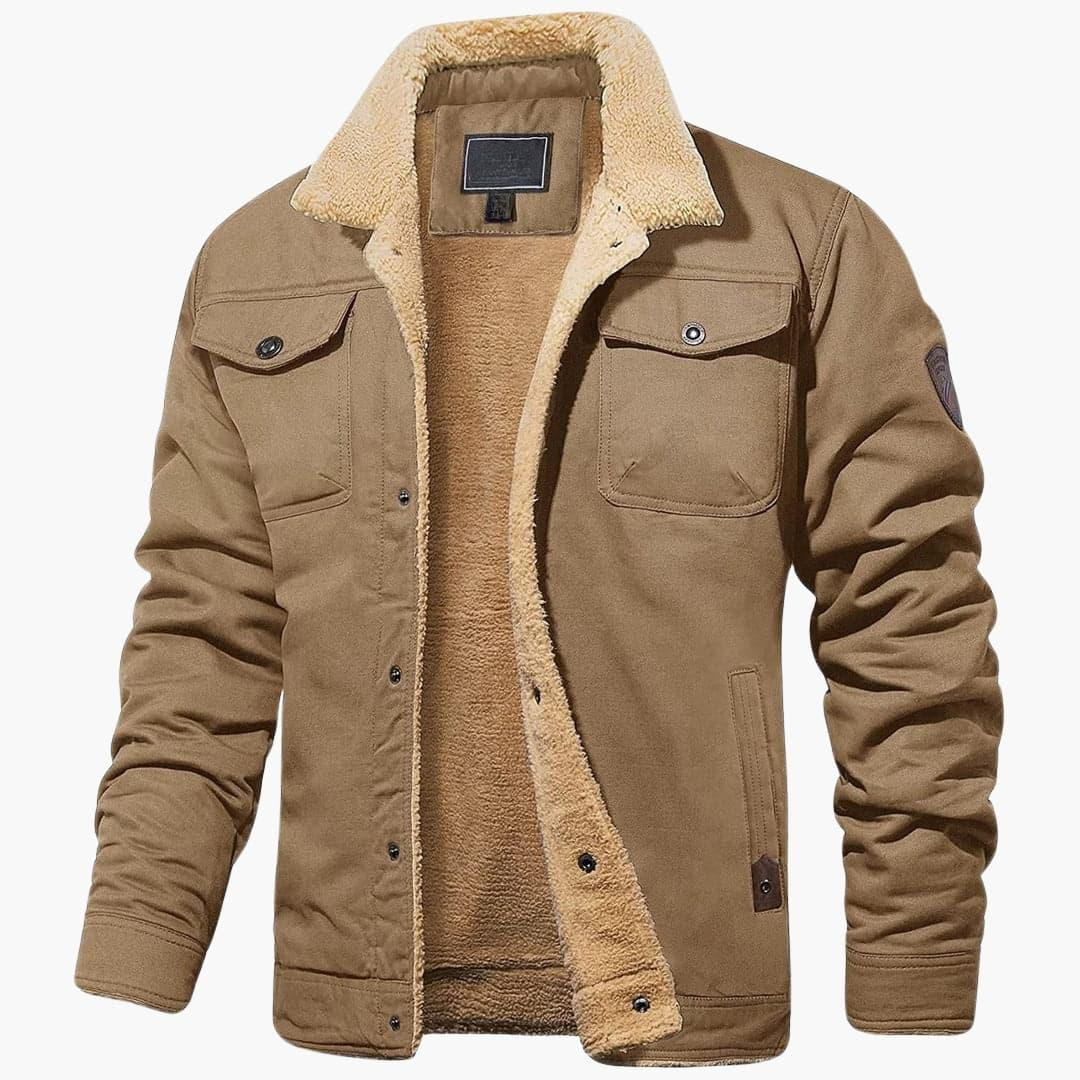 Men's jacket with sherpa lining and front button closure