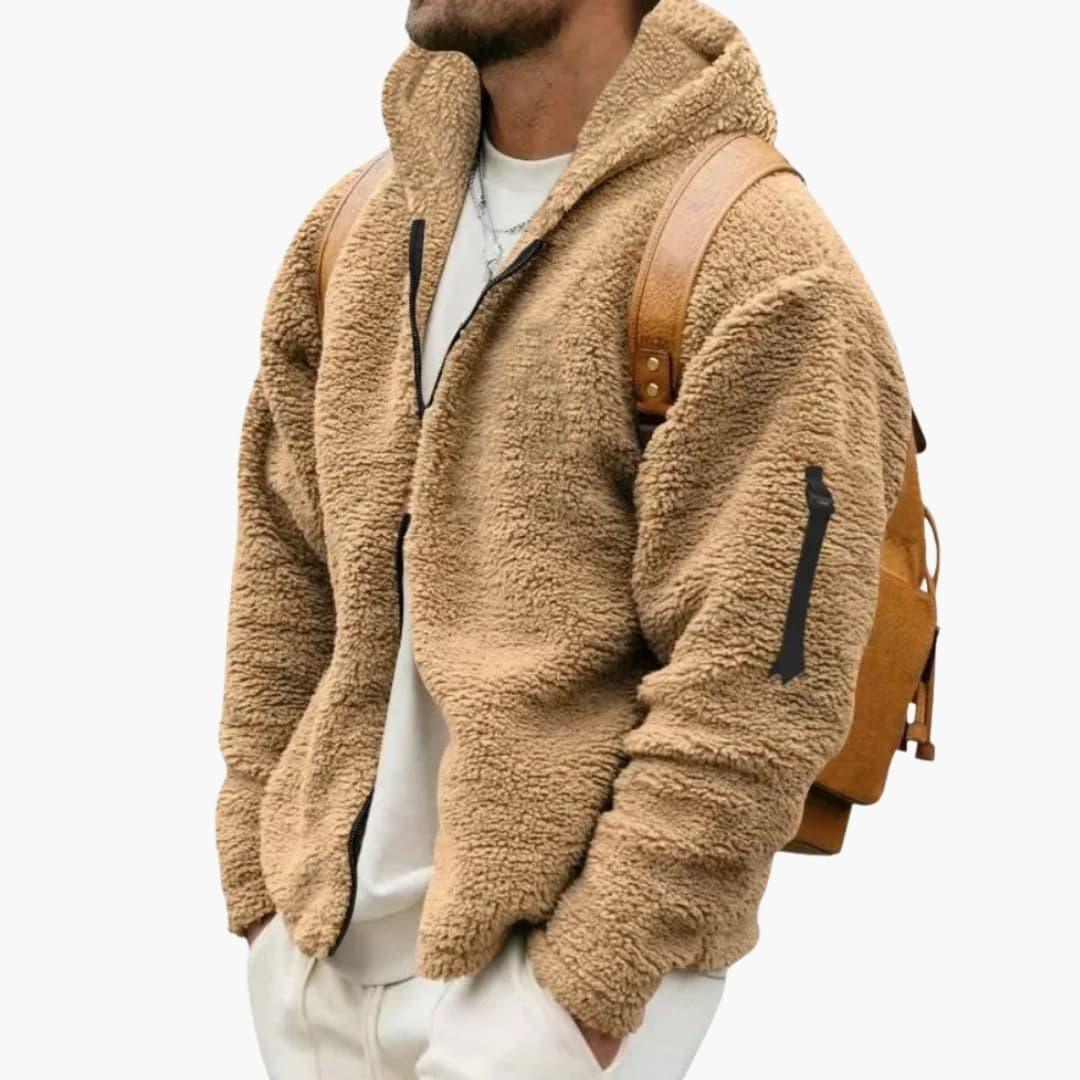 Men's fleece jacket with hood, zip closure, and long sleeves