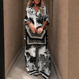 Hazel - Printed V-Neck Top & Long Pants Set