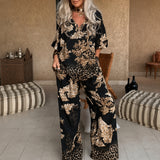 Hazel - Printed V-Neck Top & Long Pants Set